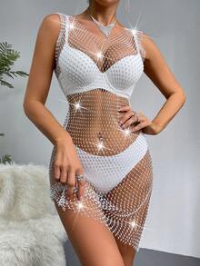 Women's Sexy Sleeveless See-Through Round Neck Rhinestone Embellished Summer Dress - White - View 5