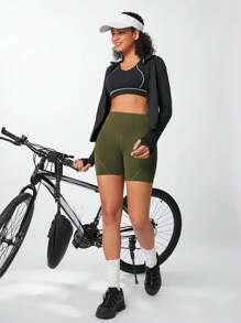 Streetz SHEIN Sport 女士夏季高腰純色運動摩托車短褲 - 軍綠色 - 查看 3