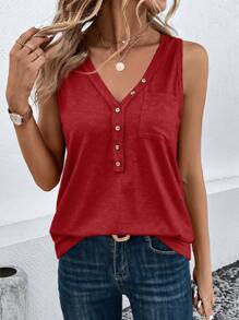 SHEIN Clasi Women's Button Pocket Summer Tank Top - Red - View 1