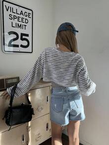 DAZY Ladies' Short Rib Striped Pullover With Round Neck - Multicolor - View 5