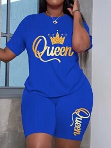 Maweii Krone- und Buchstaben bedrucktes Kurzarm-T-Shirt und Shorts lässiges Zweiteiler-Set für den Sommer