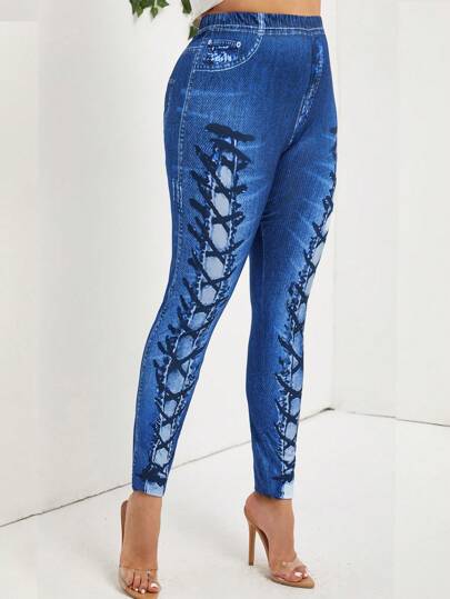 SHEIN Lady 女式高腰牛仔效果印花紧身裤，时尚百搭