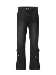 Jeans a gamba larga e colore solido da uomo con design lavato e logorato