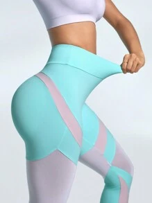 SHEIN Sports Contrast Color Mesh Contrast Tight Sports Leggings - Multicolor - View 6