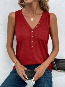 SHEIN Clasi Women's Button Pocket Summer Tank Top - Red - View 3