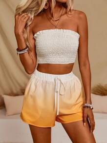 Breezaya Women's Gradient Long Sleeve Shirt & Shorts Set With Solid Color Bralette Top, Casual Holiday Outfit - Black - View 4