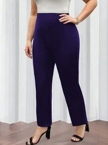 Celure Plus Size Women's Solid Color Elastic Waist Slim Fit Casual Pants - Navy Blue - View 1