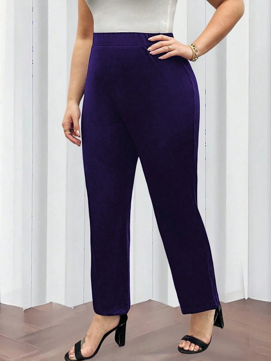 Celure Plus Size Women's Solid Color Elastic Waist Slim Fit Casual Pants - Navy Blue - View 1