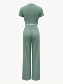 Fashionable Solid Color Round Neck Short Sleeve Top And Pleated Knitted Pants Set, Summer - Green - View 2