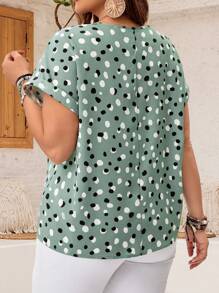 EMERY ROSE Plus Size Women's Short Sleeve Green Polka Dot Shirt, Summer,Spring/Vacation - Green - View 2