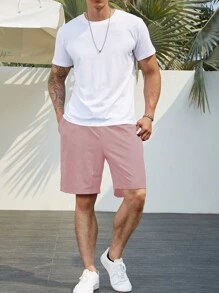Manfinity Homme Men Plus Size Summer Solid Color Casual Shorts With Elastic Drawstring Waist - Pink - View 6