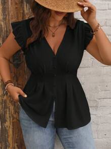 Vionelle Plus Size Women's Solid Color V-Neck Cap Sleeve Blouse With Ruffle Hem, Summer Peplum Top - Black - View 5