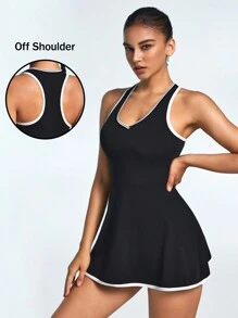 Lifespree Vestido deportivo sensual para mujeres sin espalda con cuello en V plano entrecruzado de máquina, conjunto de tenis para mujer - Negro - Ver 4