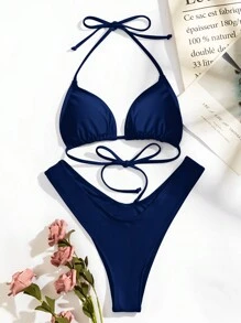 Swim Basics Conjunto de Maiô Bikini Sexy com Decote Halter e Amarração, Cor Sólida, Conjunto de Maiô Bikini de Praia para Férias - Azul Marinho - Visão 6