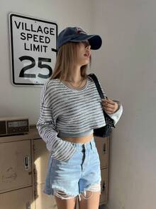 DAZY Ladies' Short Rib Striped Pullover With Round Neck - Multicolor - View 2