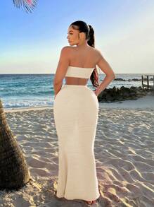 SHEIN SXY 女士夏季二件套裝：波紋紋理繩頸背心上衣和圓形腰帶高腰人魚裙 - 米色 - 查看 2