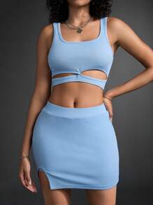 SHEIN Sport Gameset Women's Plain Hollow Out Crop Top And Skort Sports Set