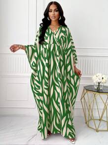 BIUBIU Allover Print V Neck  Batwing Sleeve Dress (Random Print) - Green - View 5