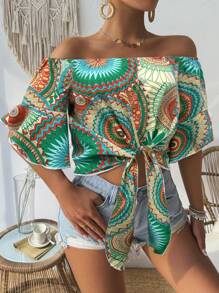 Breezaya Blusa de hombros descubiertos tipo bandeau con estampado de estilo hawaiano para vacaciones, de tres cuartos de manga para mujer - Verde - Ver 3