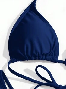 Swim Basics Conjunto de Maiô Bikini Sexy com Decote Halter e Amarração, Cor Sólida, Conjunto de Maiô Bikini de Praia para Férias - Azul Marinho - Visão 5