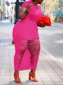 Plus Size Women's Solid Color Minimalist Hollow Design Fashion Dress - Hot Pink - View 3