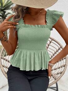 SHEIN LUNE Áo sơ mi peplum cổ vuông tay lửng màu trơn cho nữ mùa hè - màu xanh lá - Xem 3