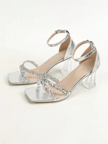 2024 Neue Silbersandalen mit hohen Absätzen für Frauen in Mode mit schillernden Kristallen, Strass-Dekoration und metallischer Textur, transparentem Blockabsatz und Zehenring für Urlaub, Glamouröse und auffällige Optik, geeignet für Partys, Hochzeiten, drinnen und draußen. - Silber - Übersicht 6