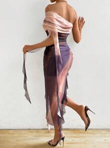 Islaluna Women Dresses Asimetris Ruched Ruffle Hem Plain All Over Print Casual - Merah tua - View 2
