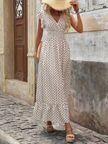 Breezaya 1pc Women's Shirred All-Over Print Long Dress With Gathered Waist & Ruffle Sleeves, Elegant Holiday Wear (Belt Not Included) Maxi Vacation Beach Outfit - Khaki - View 3