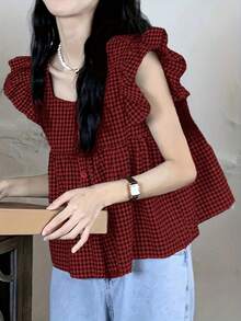 夏季休閒格子荷葉邊襯衫 - 紅色和黑色 - 查看 5
