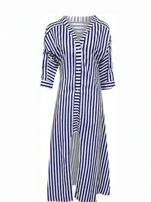 Striped Mid-Sleeve Maxi Shirt Dress, Loose - Blue and White - View 3