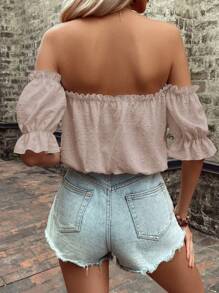 Breezaya 一字肩前打結荷葉袖襯衫 - 杏色 - 查看 2