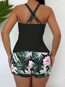 Women's Printed Random Pattern Two-Piece Swimwear, Summer Beach Tankini With Straps - Black - View 2