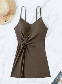 SHEIN Swim Traje de baño de una pieza halter con pliegues de unicolor y aberturas laterales para vacaciones, playa de verano - Marrón - Ver 5