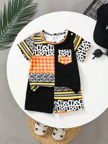 Baby Boy Geometric Printed Round Neck Short Sleeve Casual T-Shirt And Shorts Set, Summer - Multicolor - View 3