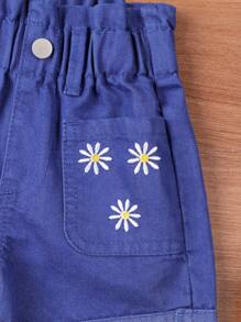 Baby Girl Sand Washed Denim Shirt And Shorts Set With Floral Embroidery