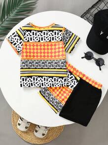 Baby Boy Geometric Printed Round Neck Short Sleeve Casual T-Shirt And Shorts Set, Summer - Multicolor - View 2