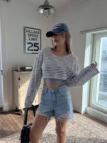 DAZY Ladies' Short Rib Striped Pullover With Round Neck - Multicolor - View 6