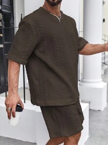 Manfinity Homme Nam Plus Size Mùa Hè Màu Trơn Cổ Tròn Tay Ngắn Áo Phông Và Quần Short - màu nâu - Xem 6