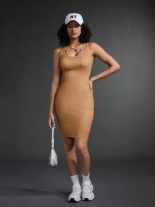 Gameset SHEIN Sport Women's Summer Solid Color Sleeveless Top Style Athletic Dress With Notched V-Neckline - Brown - View 5