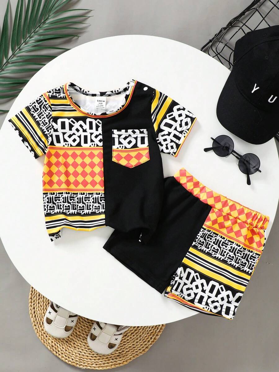 Baby Boy Geometric Printed Round Neck Short Sleeve Casual T-Shirt And Shorts Set, Summer - Multicolor - View 1