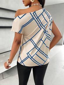 SHEIN VaVaLuxe Striped Print Ruched Asymmetrical Shoulder Blouse - Blue - View 2