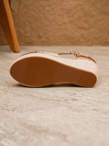 Women's Woven Metallic Texture Raffia Platform Wedge Sandals, Open Toe Buckle Accent High Heels, Fashion Summer Party Holiday Thick Bottom Sandals