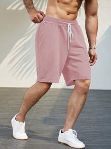 Manfinity Homme Men Plus Size Summer Solid Color Casual Shorts With Elastic Drawstring Waist - Pink - View 4