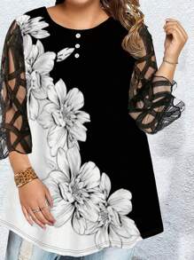 EMERY ROSE 大碼透明網格對比色花卉印花t恤 - 彩色 - 查看 4