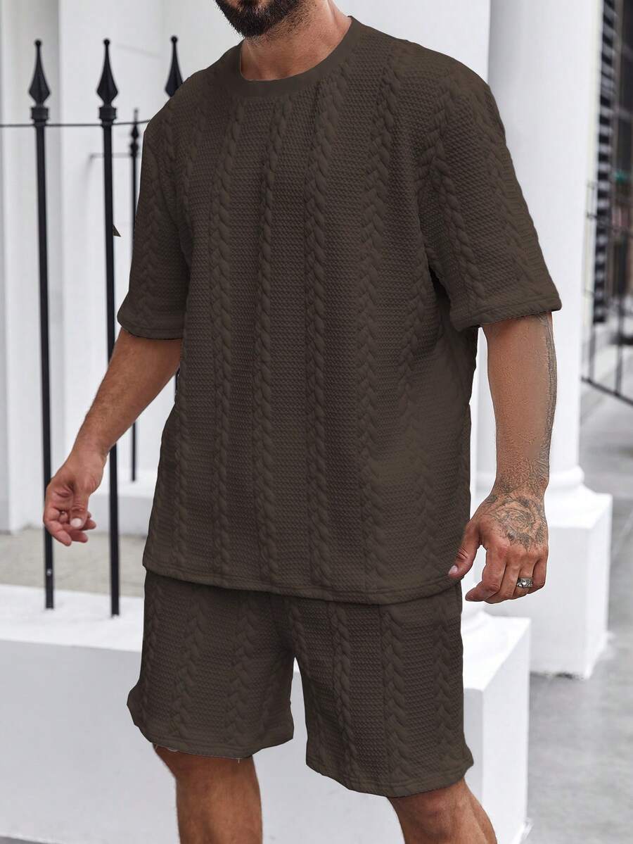 Manfinity Homme Nam Plus Size Mùa Hè Màu Trơn Cổ Tròn Tay Ngắn Áo Phông Và Quần Short - màu nâu - Xem 1
