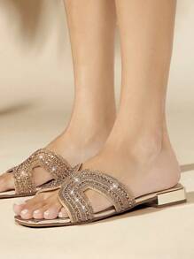 SHUZIA Women Square Toe Low Heel Golden H-Shaped Fashionable Flat Sandals