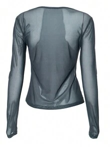 Women's Floral Print Round Neck Long Sleeve Mesh T-Shirt, Spring/Summer - Navy Blue - View 5