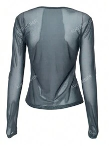 Women's Spring/Summer Floral Print Mesh Long Sleeve T-Shirt With Round Neck