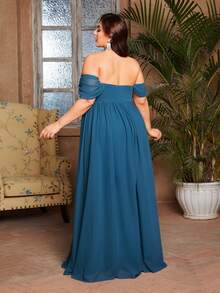 Plus Size Women Off Shoulder Ruched Chiffon High-Low Bridesmaid Dress - Blue - View 2